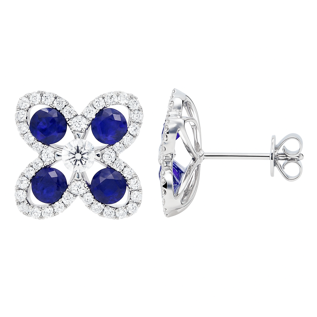 14K White Gold Sapphire and Diamond Open Flower Earring, 1.25ct