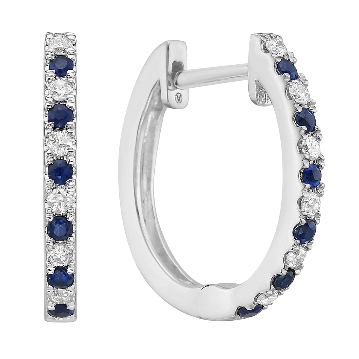 14K White Gold Sapphire and Diamond Alternating Hoop Earrings, 0.16ct