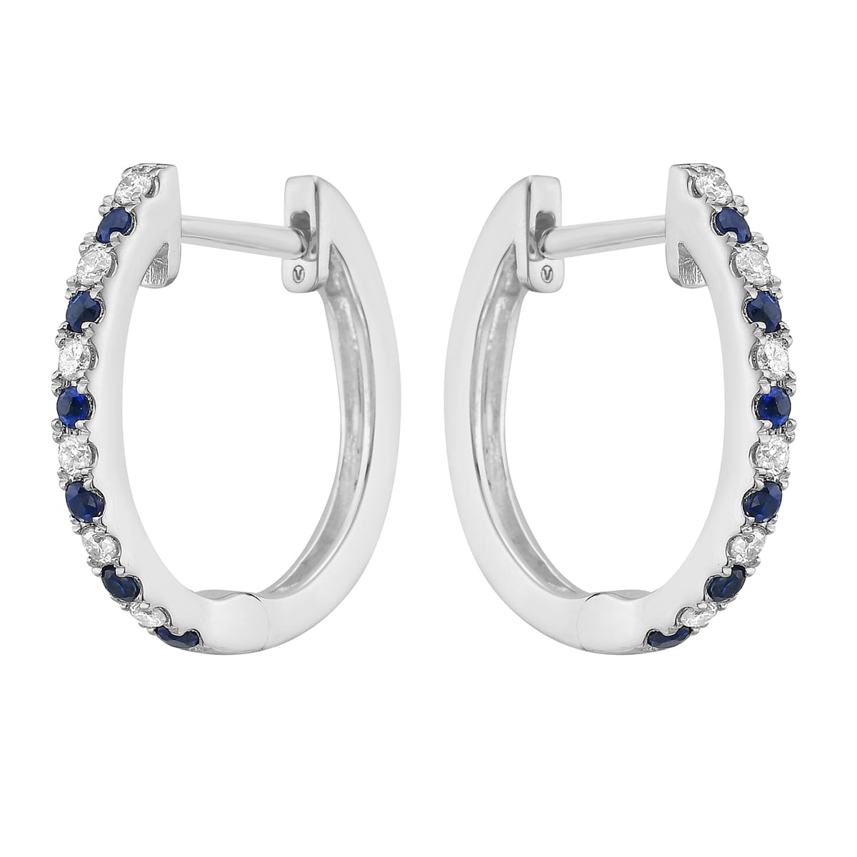 14K White Gold Sapphire and Diamond Alternating Hoop Earrings, 0.16ct