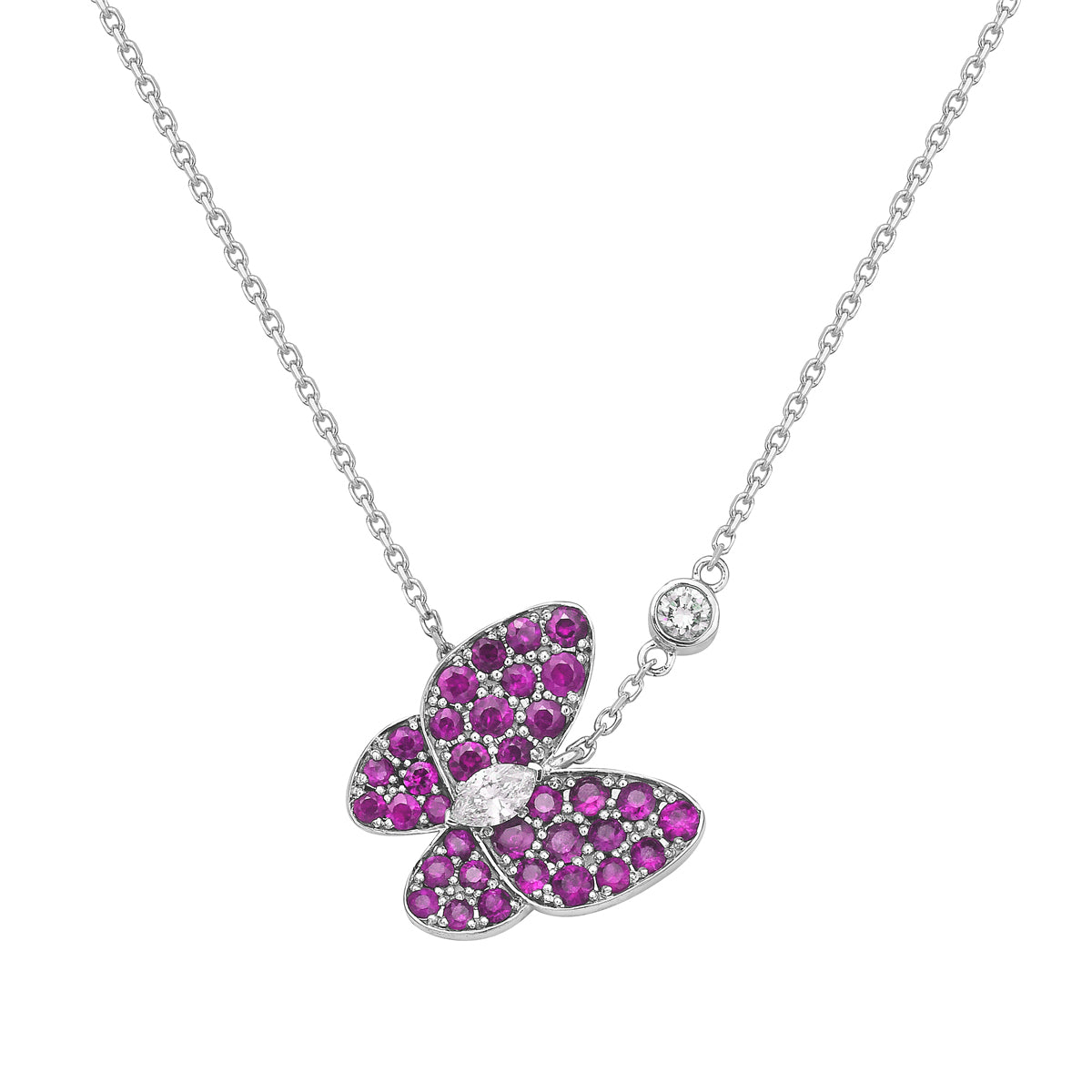 14K White Gold Diamond and Pink Sapphire Butterfly Pendant