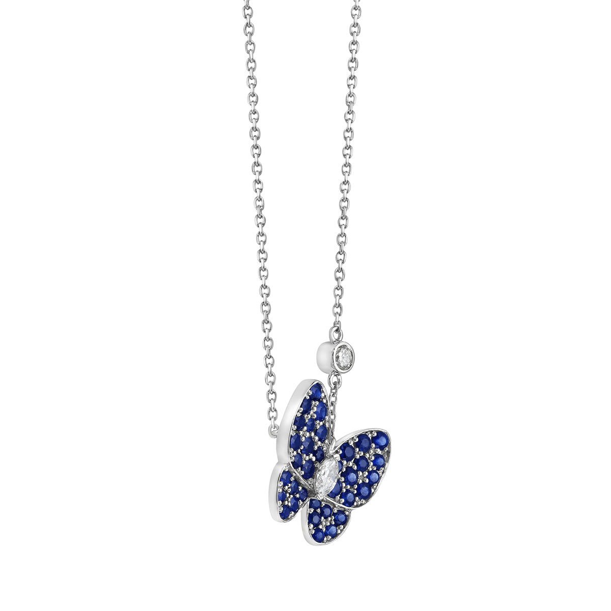 14K White Gold Diamond and Sapphire Butterfly Pendant