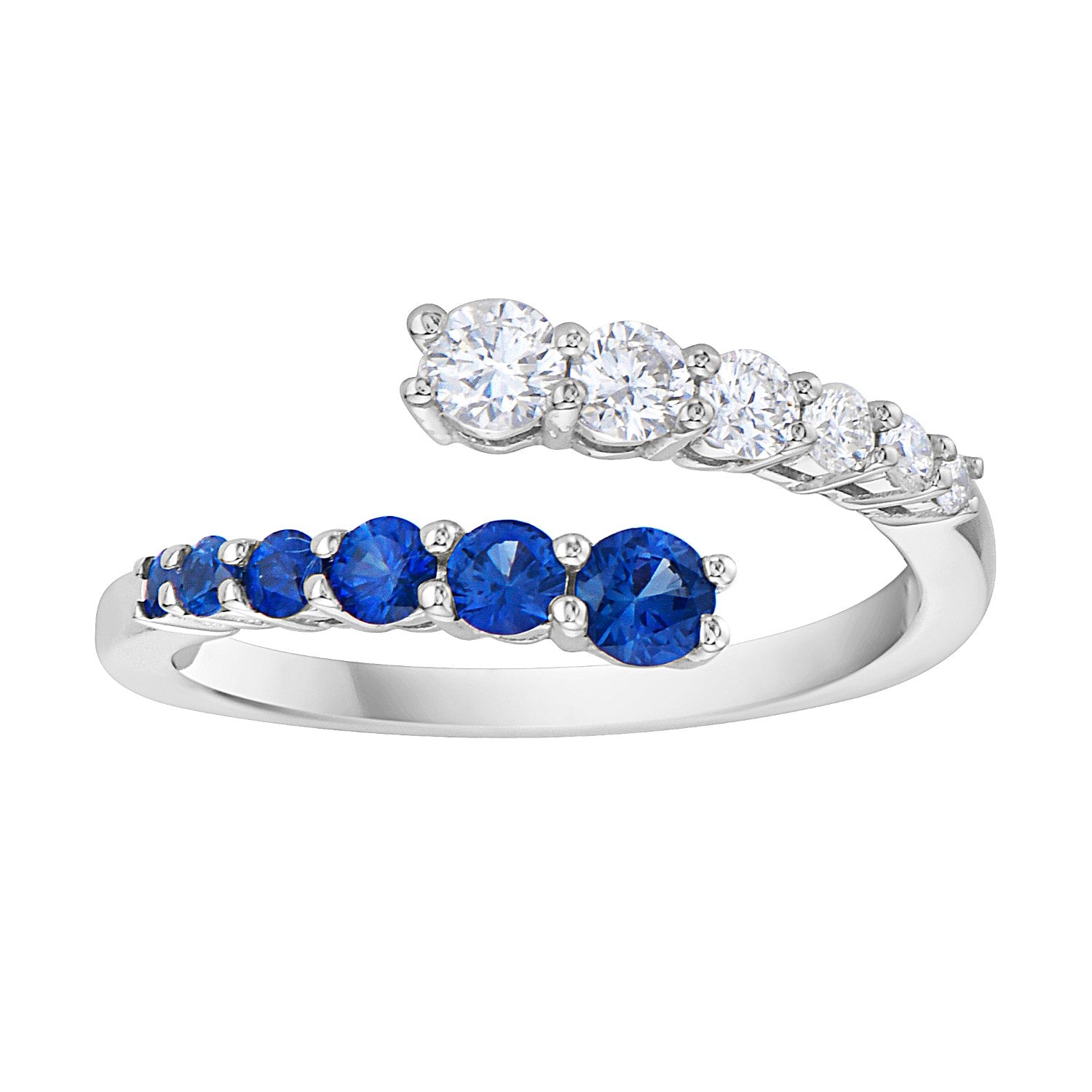 14K White Gold Sapphire and Diamond Graduated Bypass Ring