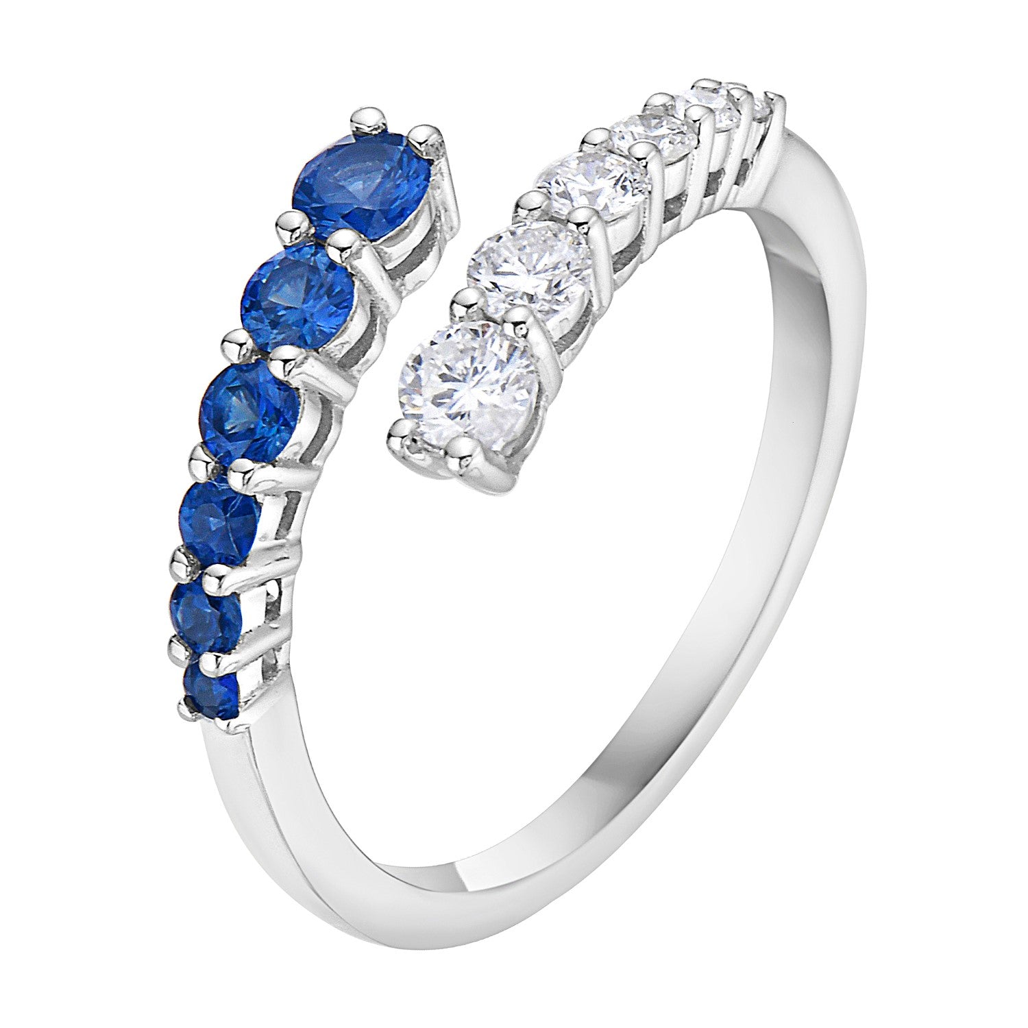 14K White Gold Sapphire and Diamond Graduated Bypass Ring