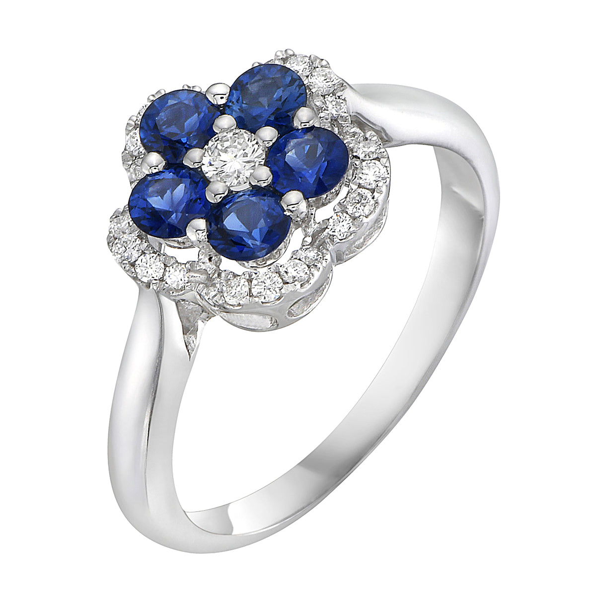 14K White Gold Diamond and Sapphire Flower Ring