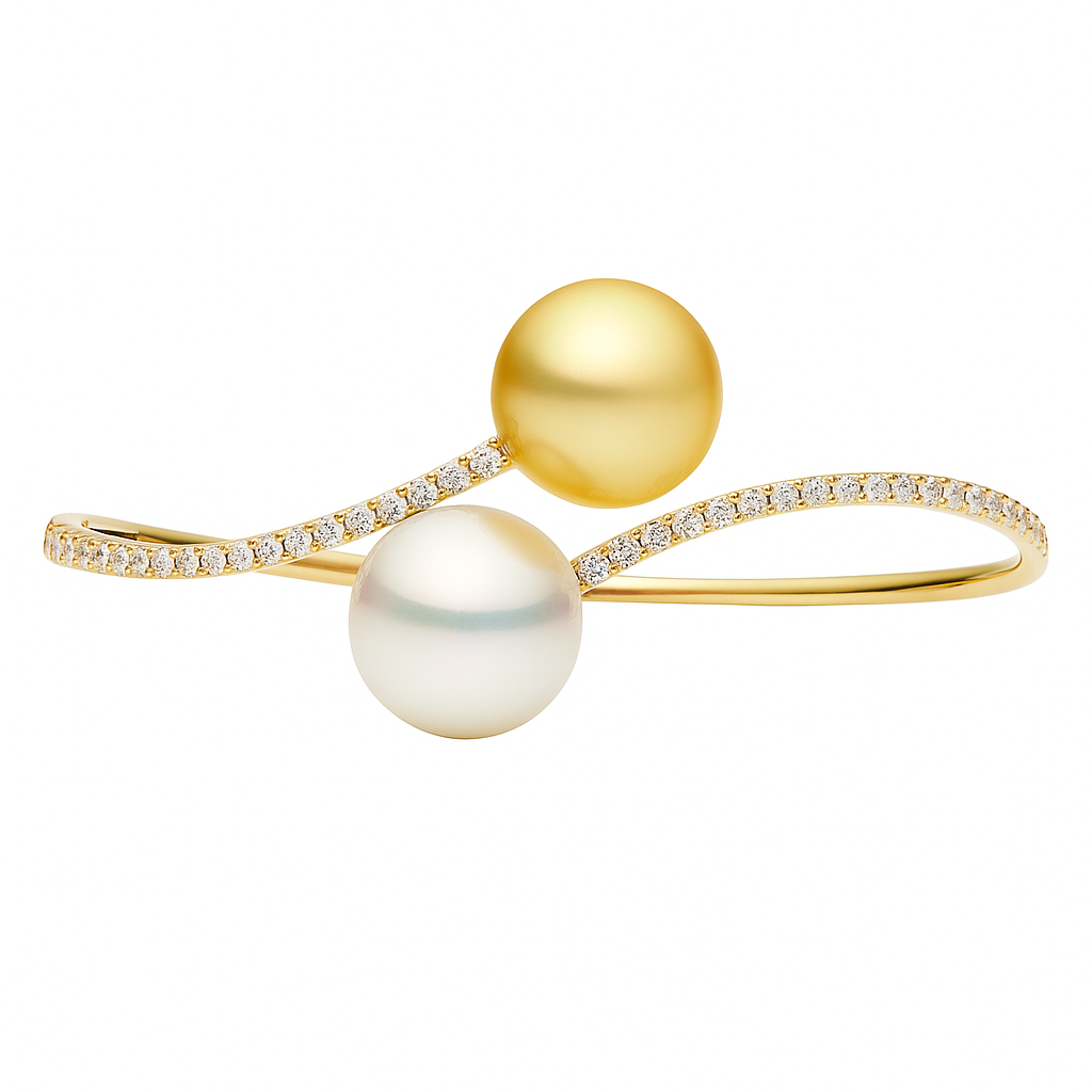 18K Yellow Gold White & Golden South Sea Pearl Bangle,12-13mm, 1.03ct