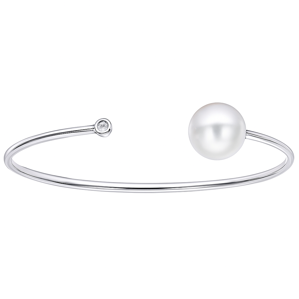 14K White Gold South Sea Pearl Bangle, 11-12mm, 0.06ct