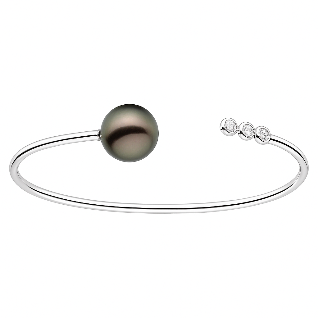 14K White Gold Multi Diamond and Tahitian Pearl Bangle, 0.09ct