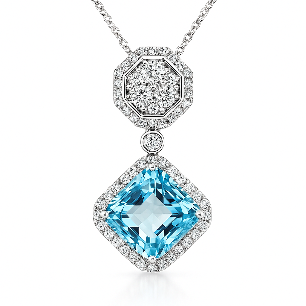 Handmade 18K White Gold Aquamarine Diamond Pendant, 7.57ct