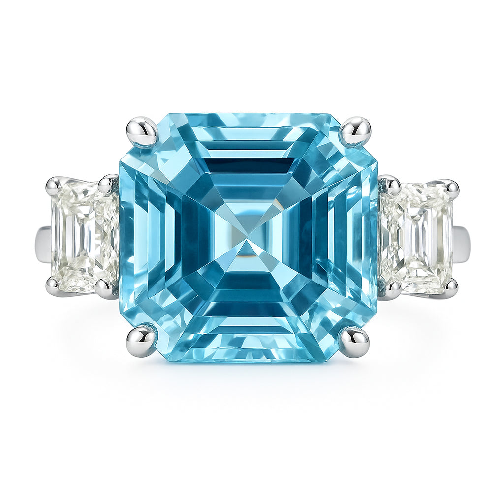 Handmade Platinum Aquamarine Diamond Three-Stone Ring, 6.62ct