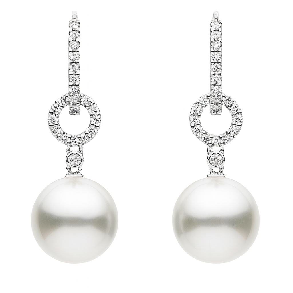 18K White Gold White South Sea Pearl Earrings, 10-11mm, 0.29ct