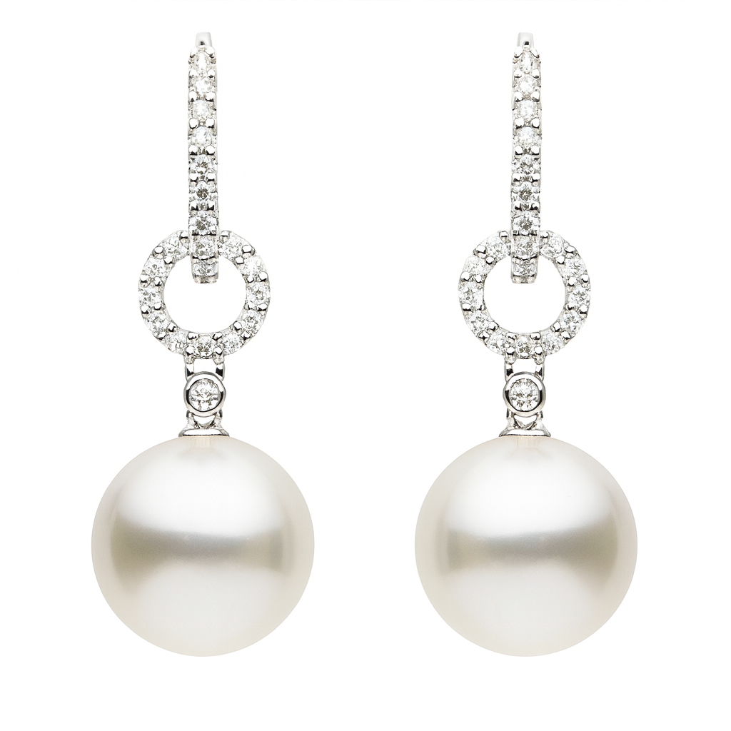 18K White Gold White South Sea Pearl Earrings, 10-11mm, 0.29ct