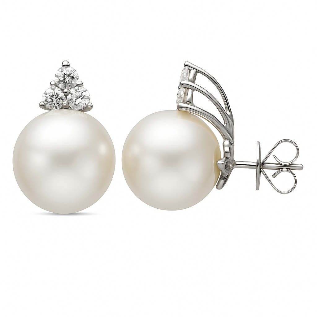 18K White Gold White South Sea Pearl Earrings, 12-13mm, 0.63ct