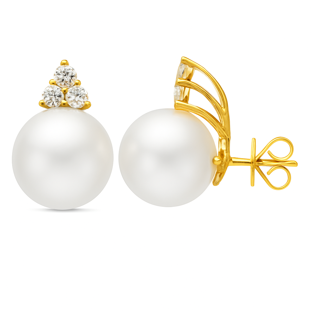18K Yellow Gold White South Sea Pearl Earrings, 12-13mm, 0.63ct