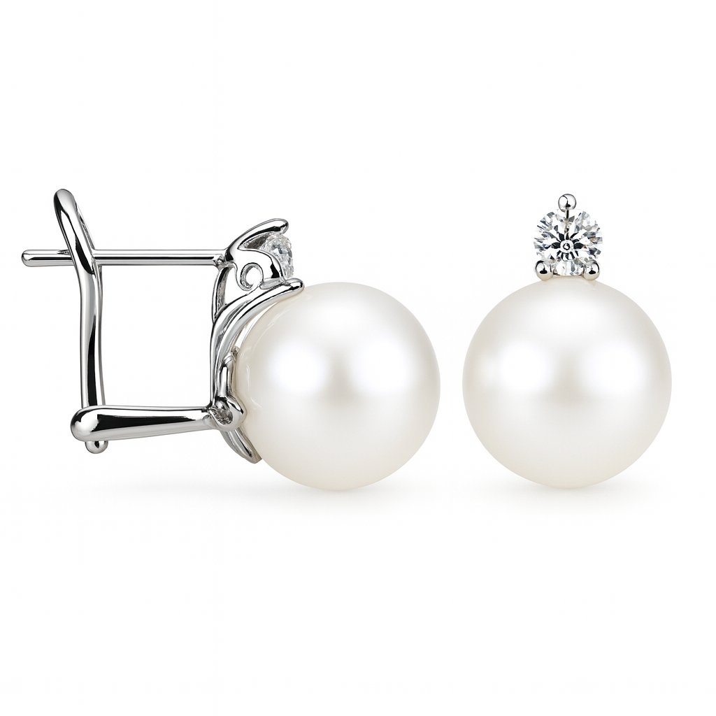 18K White Gold White South Sea Pearl Earrings, 12-13mm, 0.4ct
