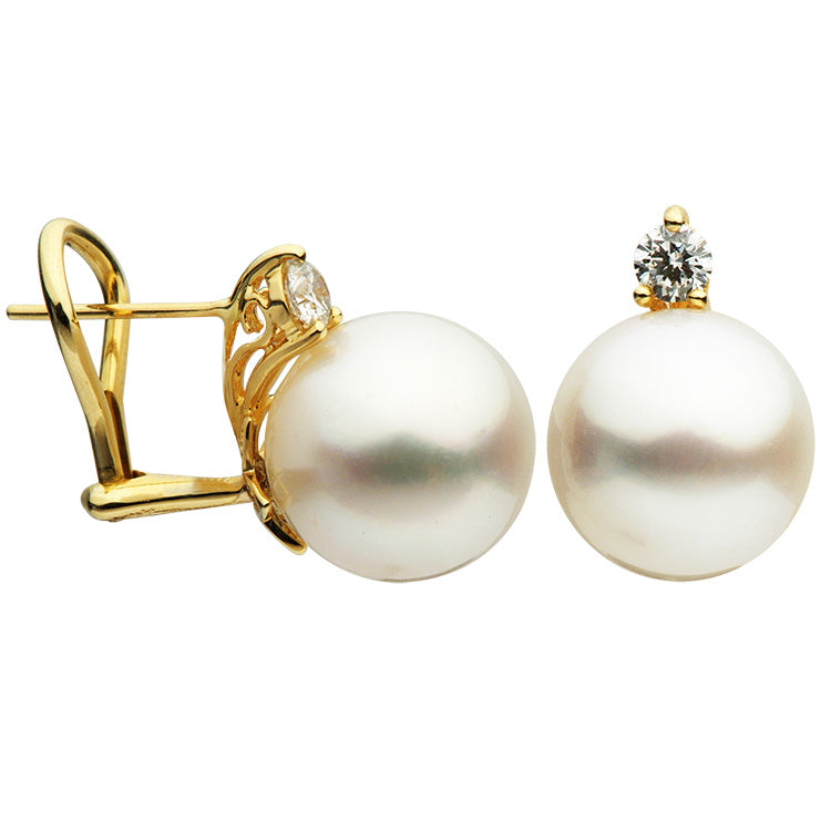 18KY White South Sea Pearl Earrings, 12-13mm