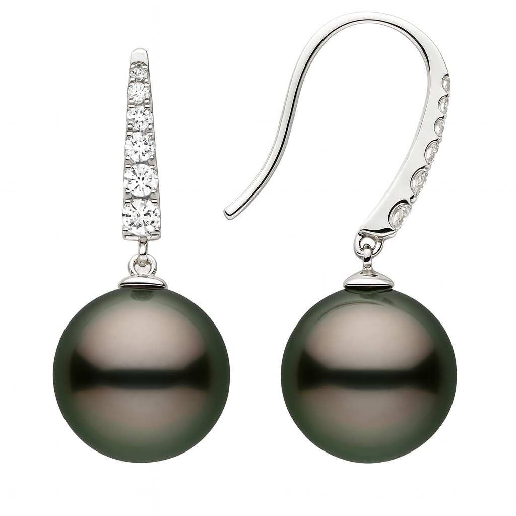 14K White Gold Tahitian Pearl Earrings, 10-11mm, 0.29ct