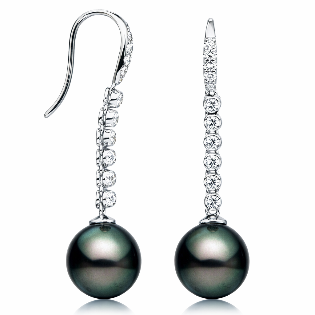 18K White Gold Tahitian Pearl Earrings, 11-12mm, 0.34ct