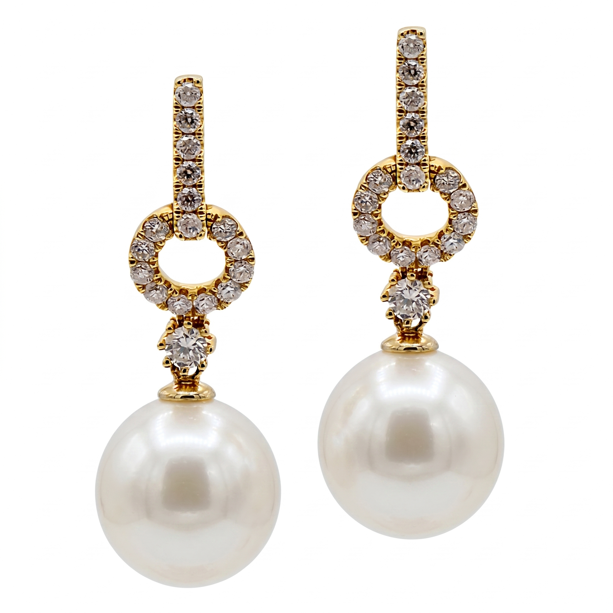 18K Yellow Gold South Sea Pearl Earrings, 11-12mm, 0.61ct