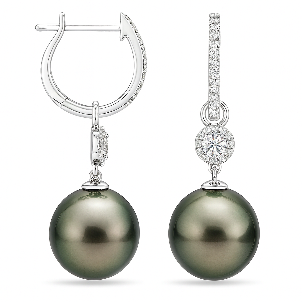 18K White Gold Tahitian Pearl Earrings, 11-12mm, 0.38ct
