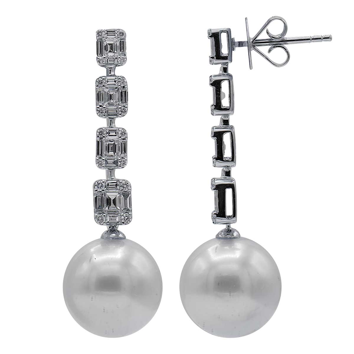 18KW White South Sea Pearl and Illusion Emerald Diamond Earrings, 14-15mm