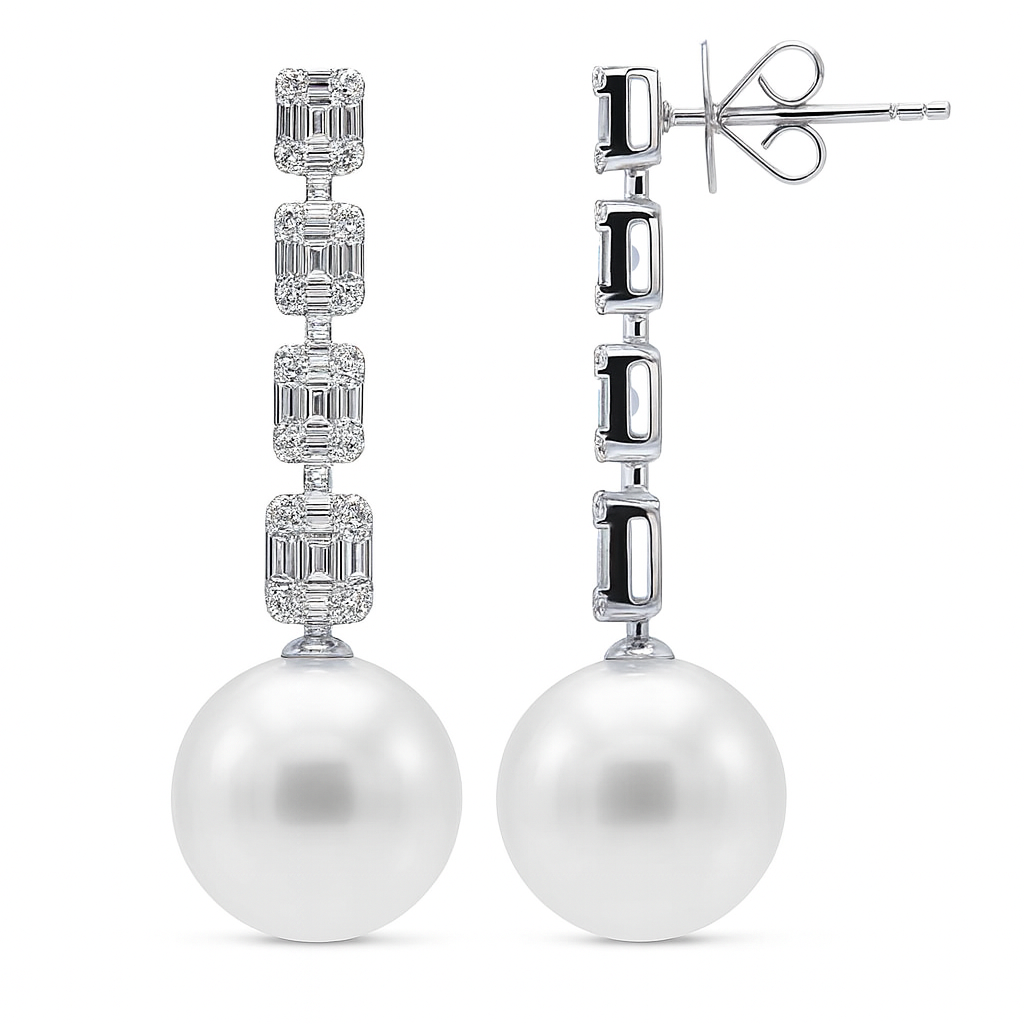 18K White Gold White South Sea Pearl and Illusion Emerald Diamond Earrings, 14-15mm, 1.5ct