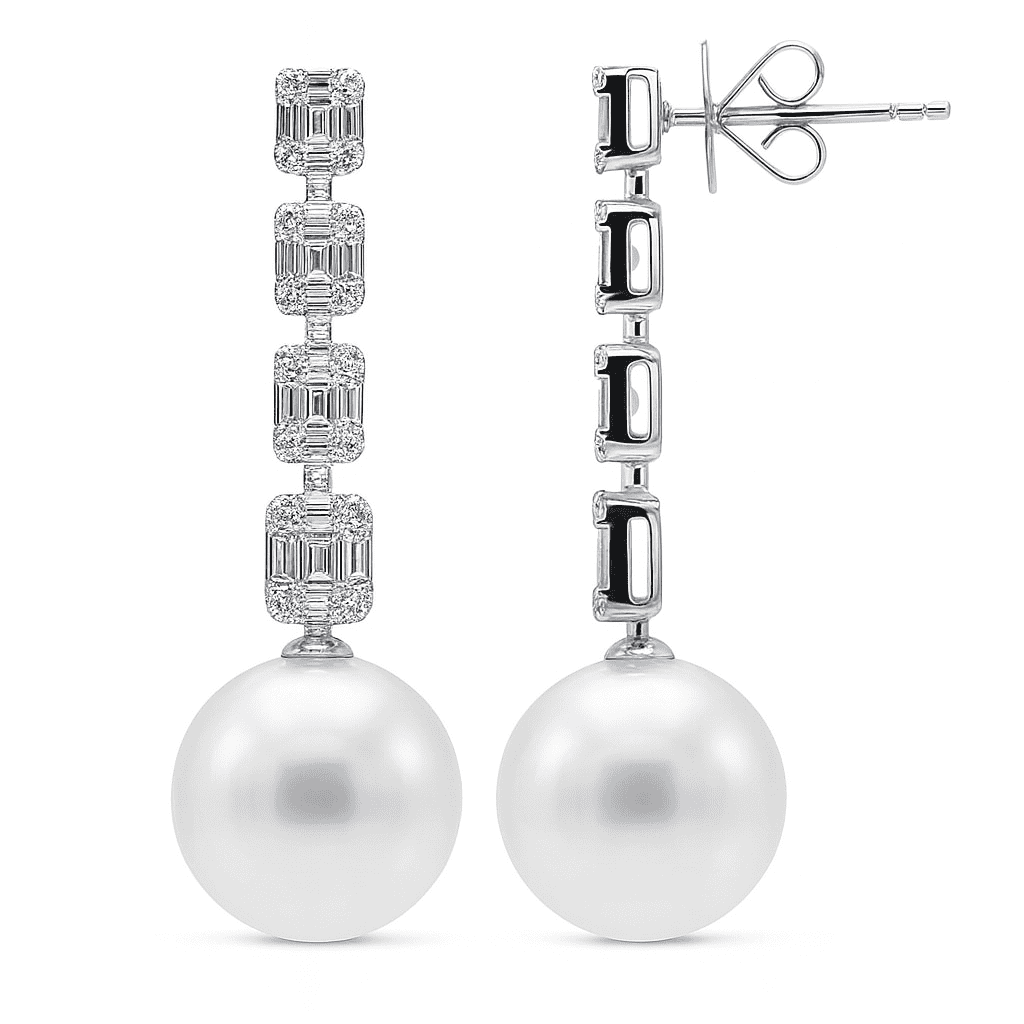 18K White Gold White South Sea Pearl and Illusion Emerald Diamond Earrings, 14-15mm, 1.5ct