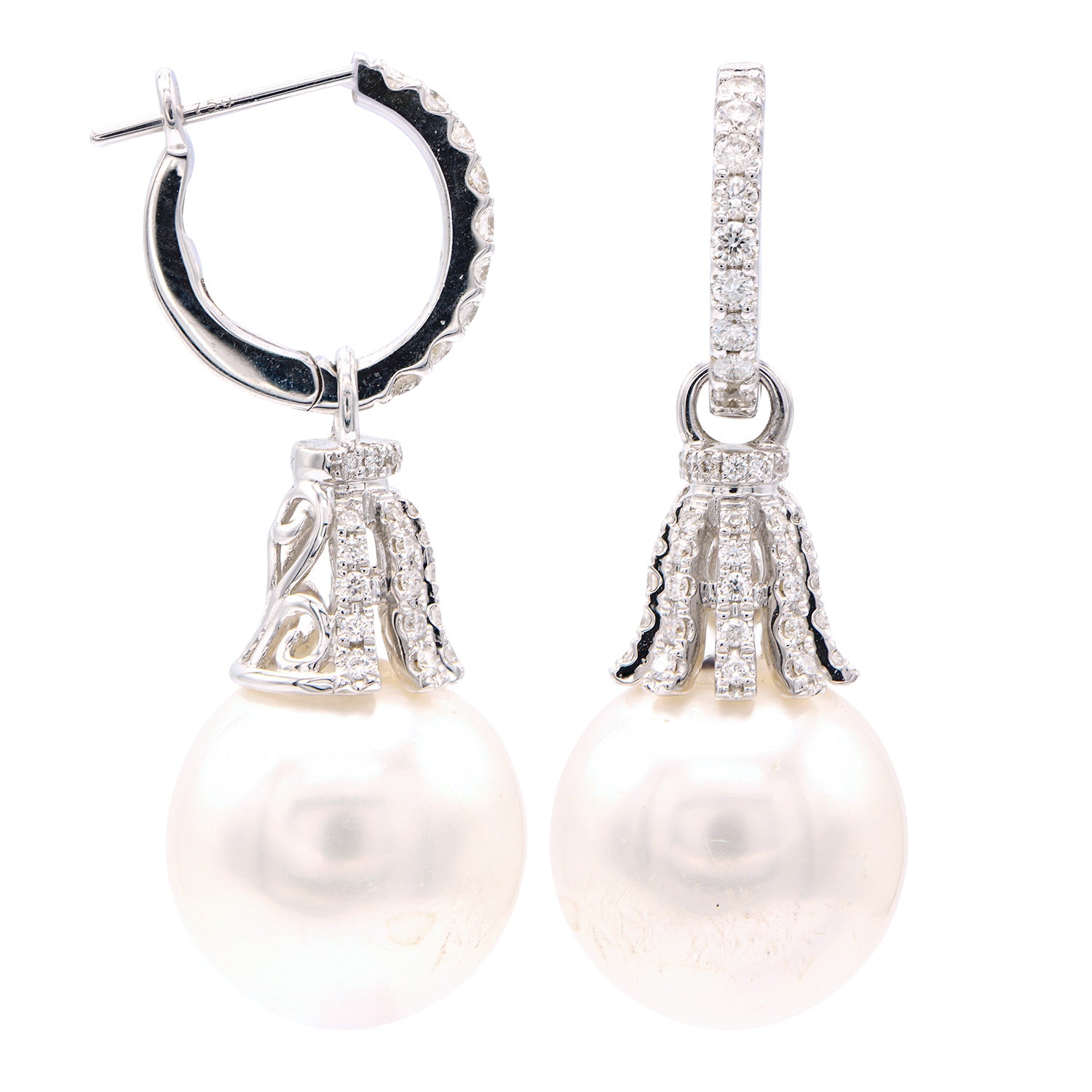 18KW White South Sea Pearl Earrings, 13-14mm