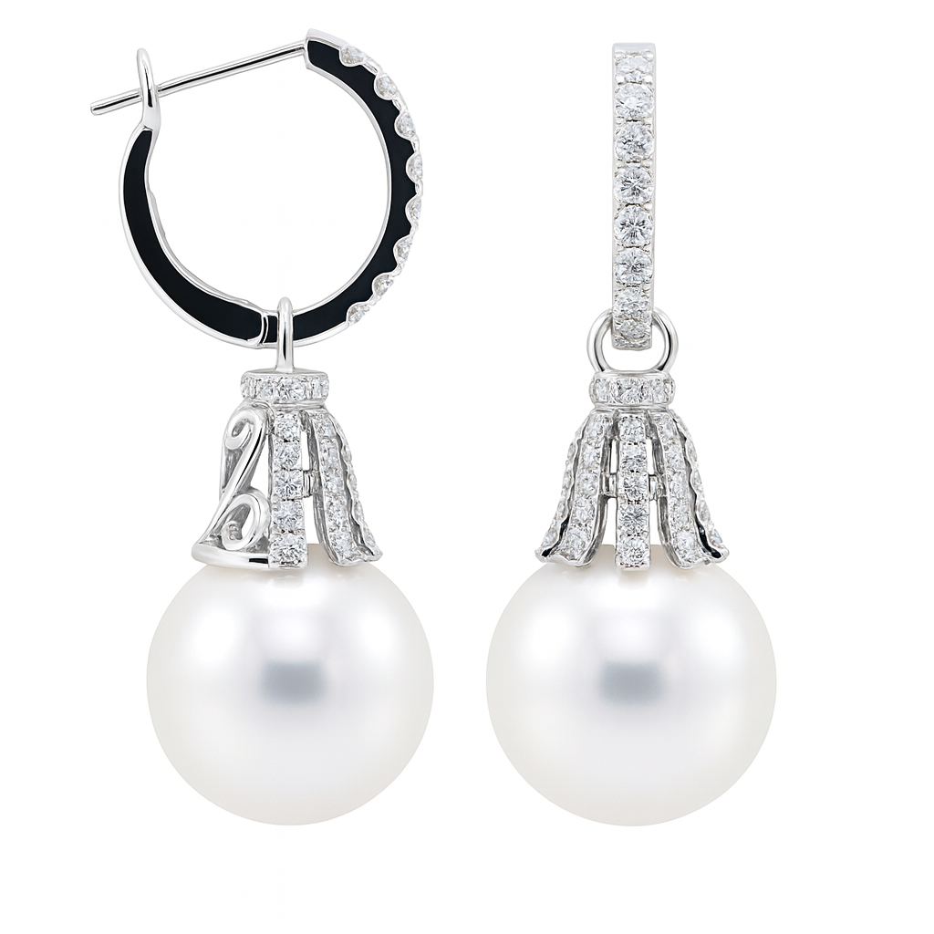 18K White Gold White South Sea Pearl Earrings, 13-14mm, 0.6ct