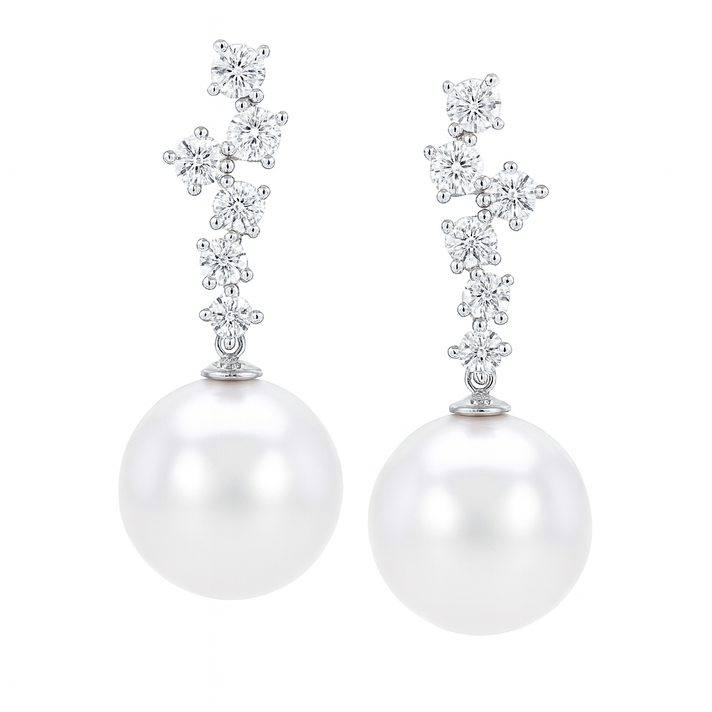 18K White Gold White South Sea Pearl Earrings, 13-14mm, 1.05ct