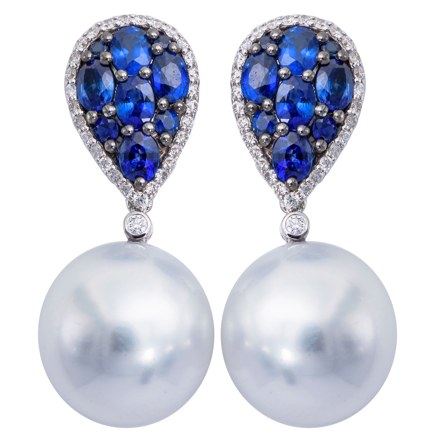 18KW White South Sea Pearl Earrings, 13-14mm