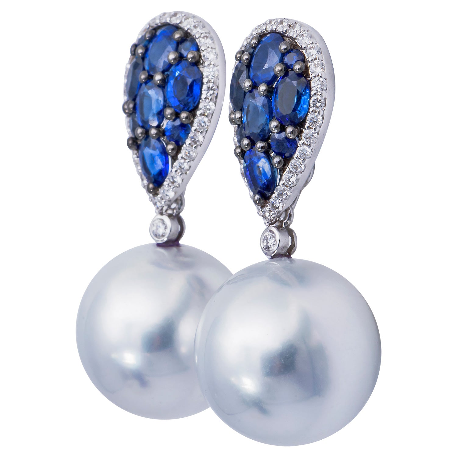 18KW White South Sea Pearl Earrings, 13-14mm