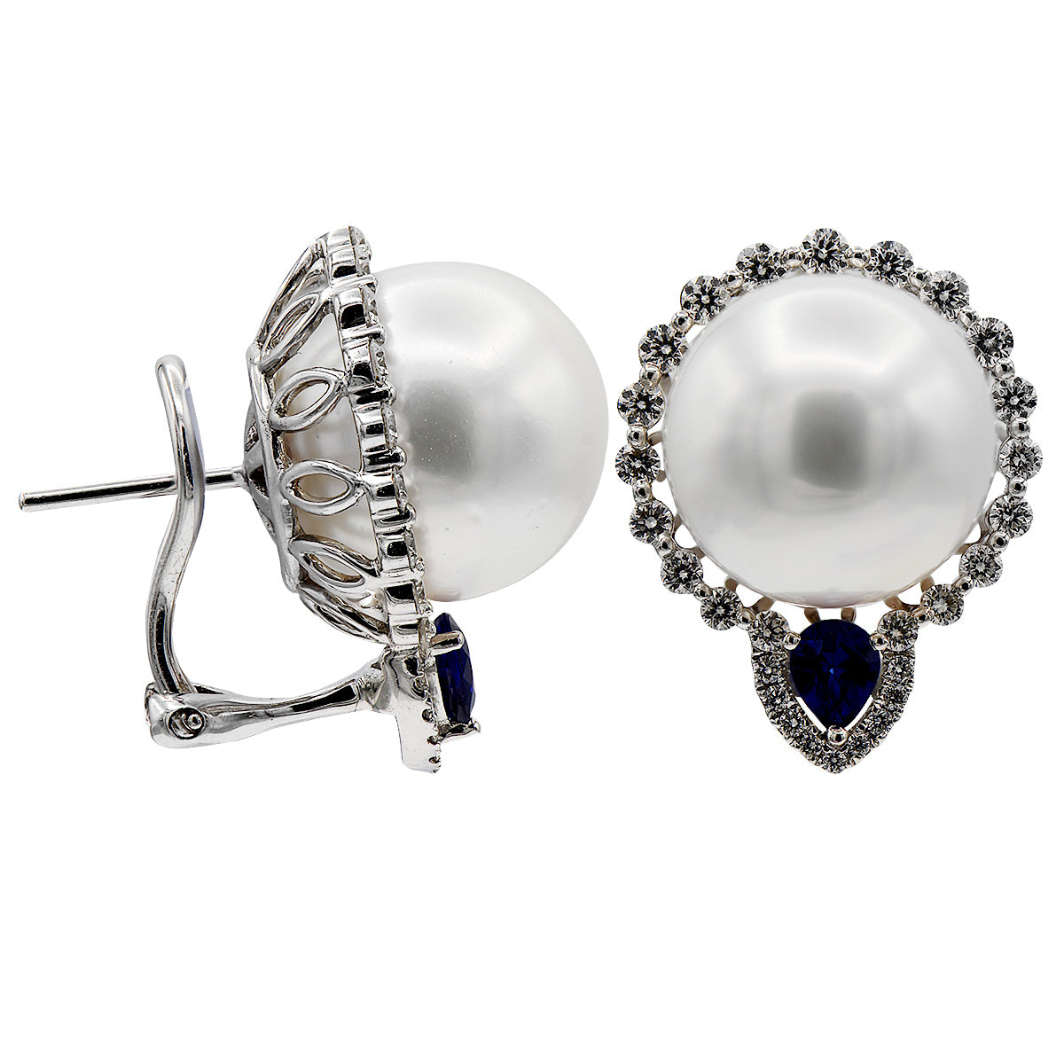 18KW White South Sea Pearl Earrings, 13-14mm