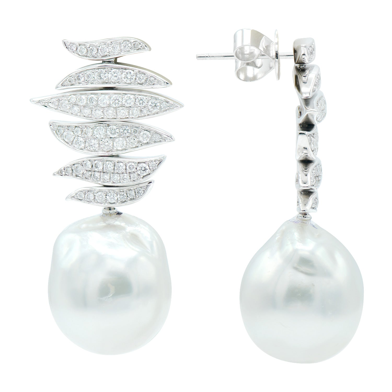 18KW White South Sea Pearl Earrings, 14-15mm