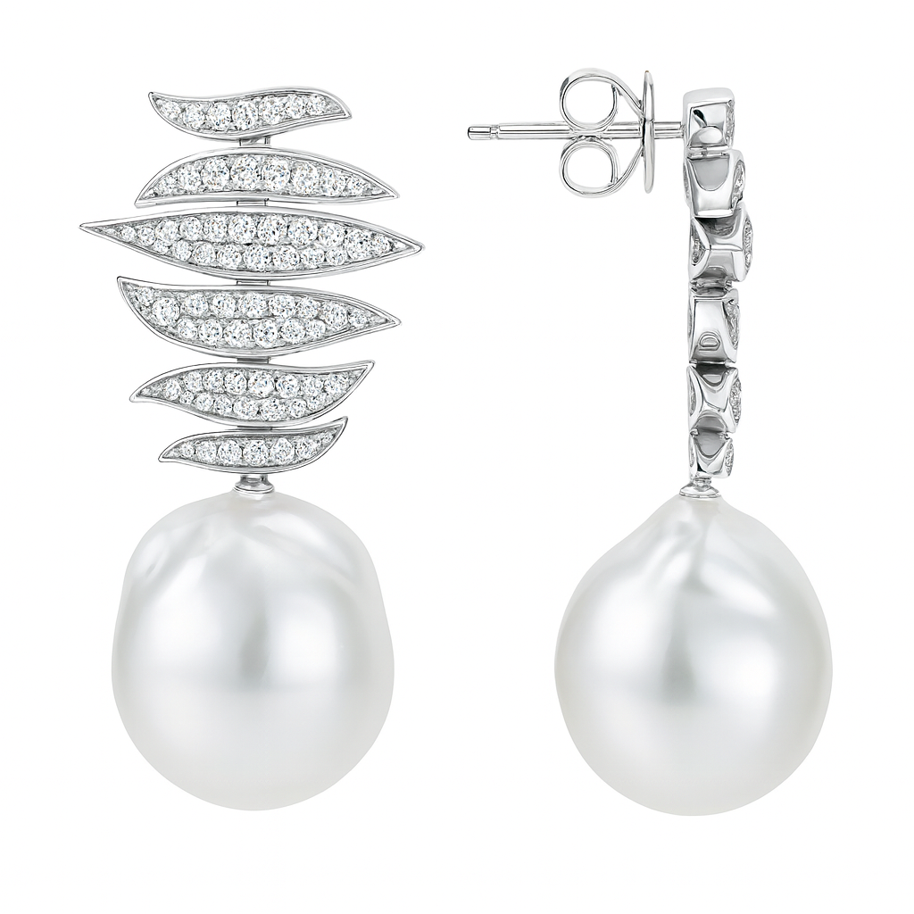 18K White Gold White South Sea Pearl Earrings, 14-15mm, 0.96ct