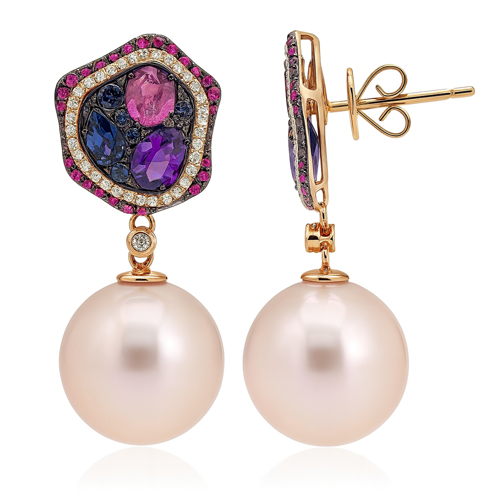 18K Rose Gold Freshwater Pearl Earrings, 14-15mm, 0.2ct
