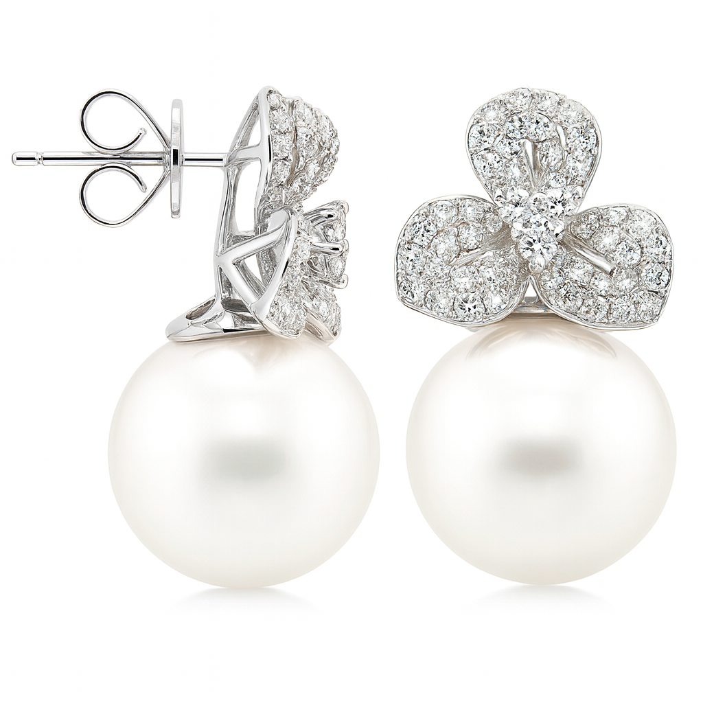 18K White Gold White South Sea Pearl Earrings, 13-14mm, 0.88ct