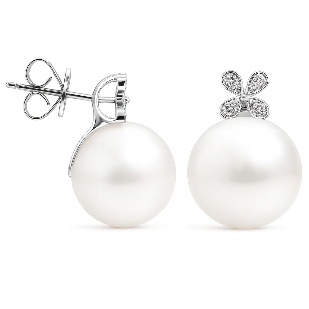 18K White Gold White South Sea Pearl Earrings, 13-14mm, 0.19ct