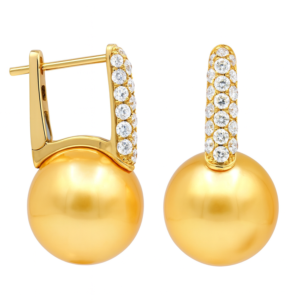 18K Yellow Gold Golden Pearl and Diamond Earrings, 0.59ct