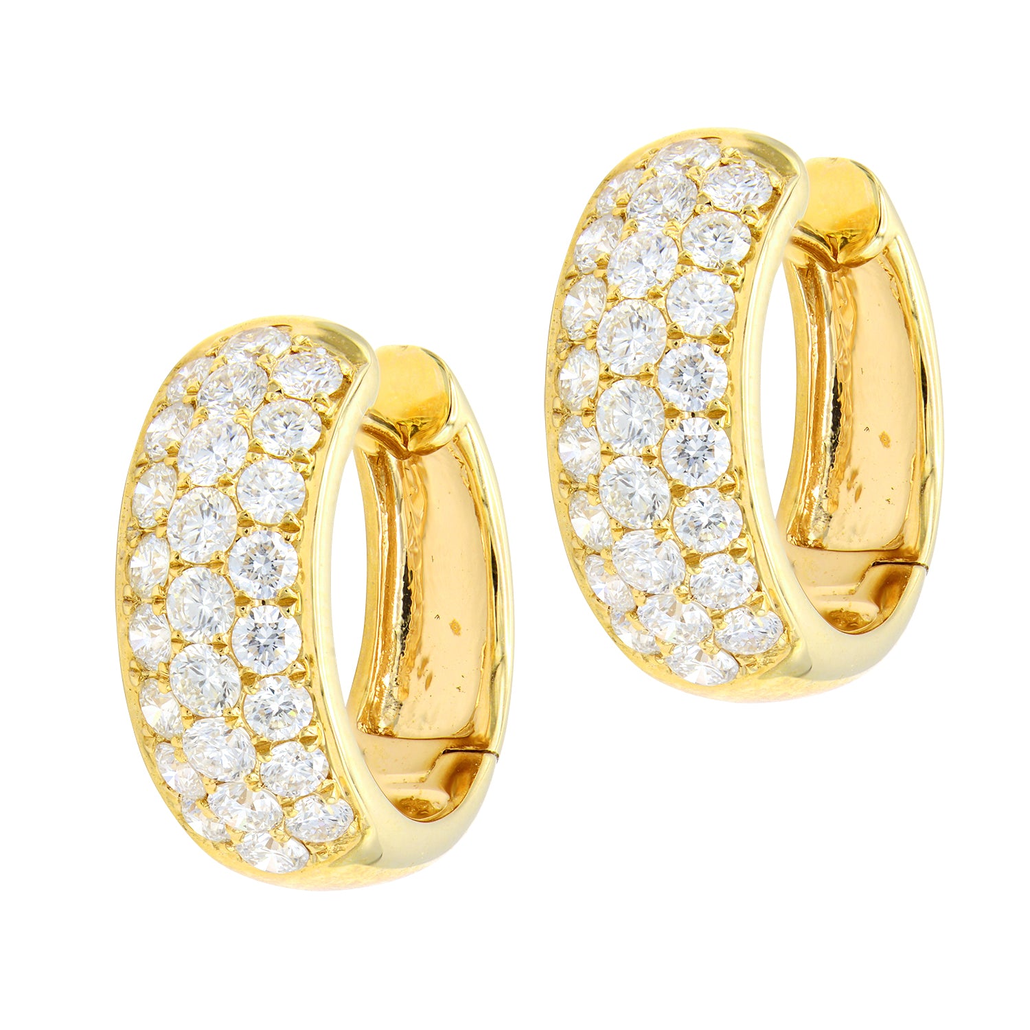 14K Yellow Gold Three Row Diamond Hoops