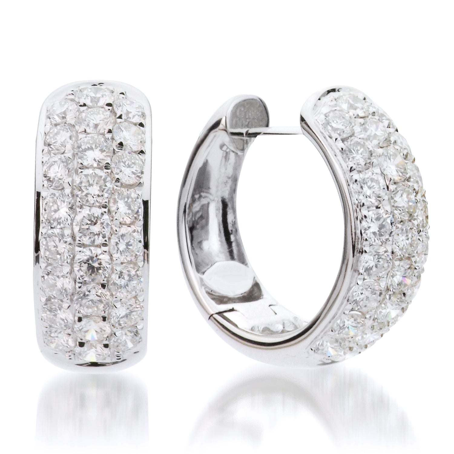 14K White Gold Three Row Diamond Hoops