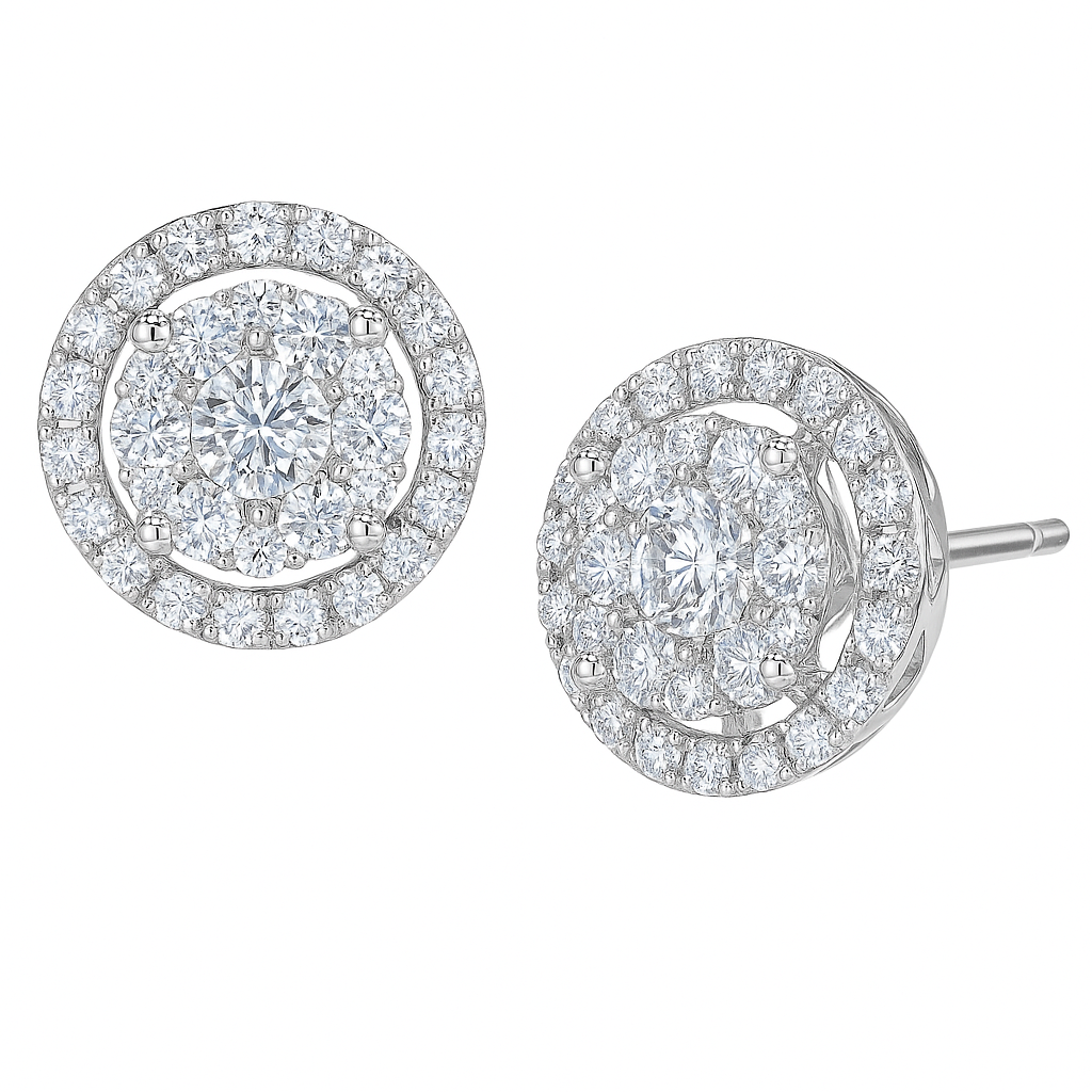 14K White Gold Diamond Cluster Halo Earrings, 0.85ct