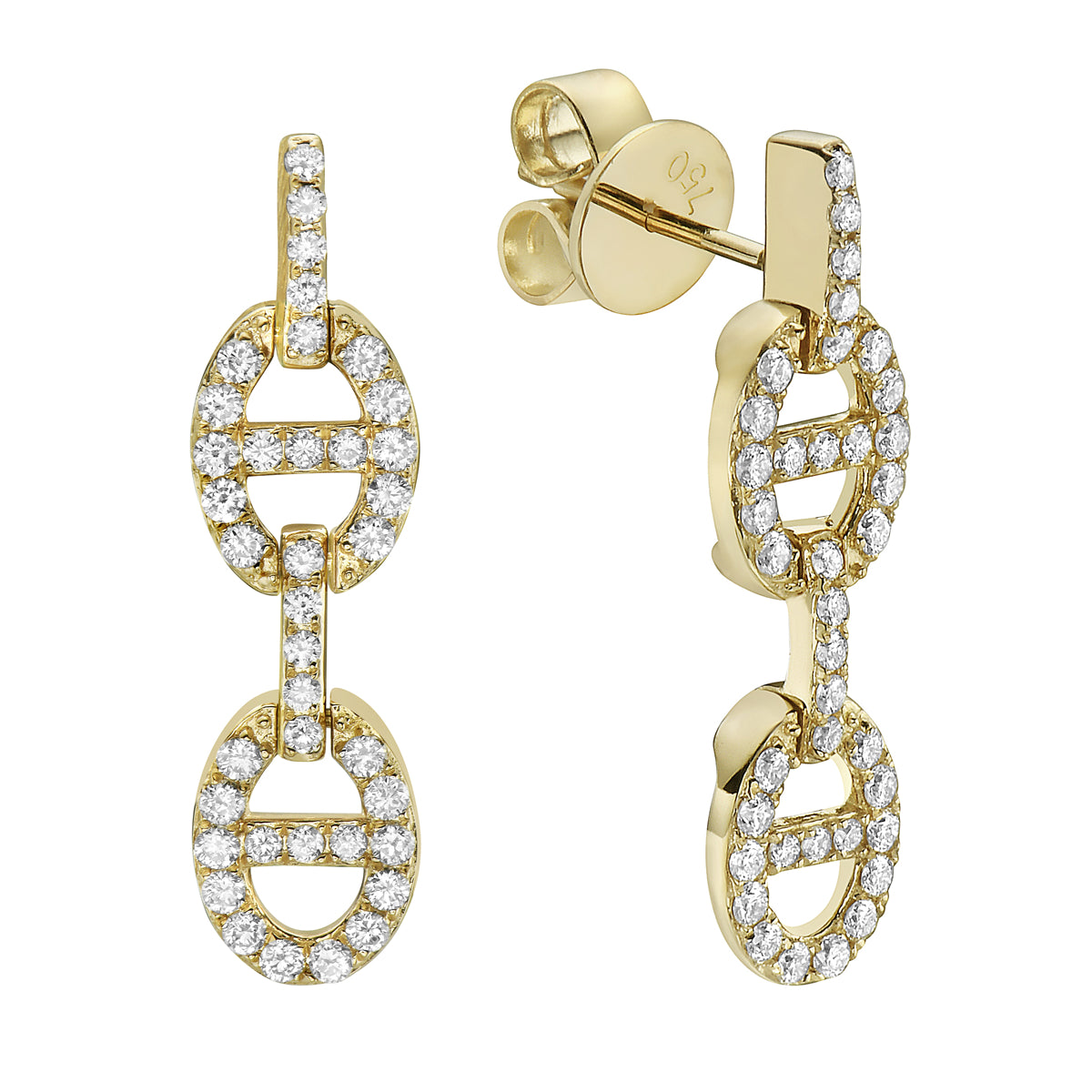Yellow Gold Interlocking Chain Diamond Drop Earrings