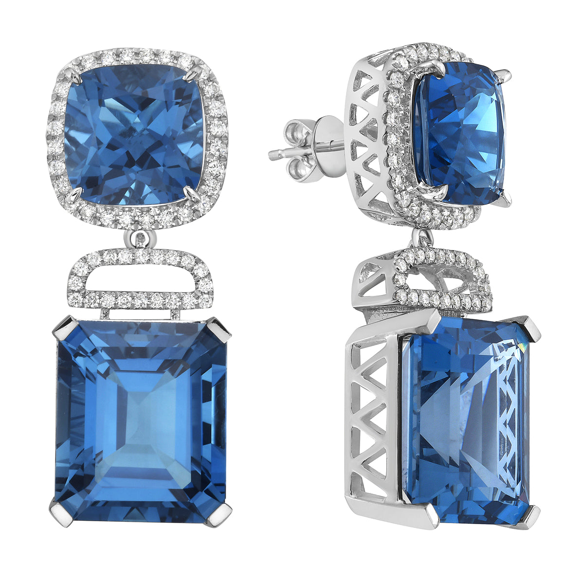 14K White Gold London Blue Topaz Earrings, 35.17ct