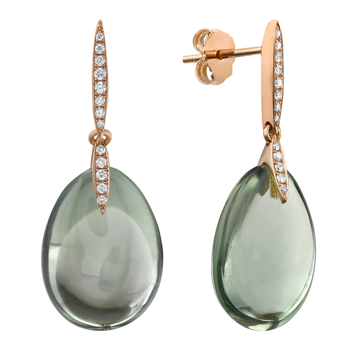 18K Rose Gold Green Amethyst Earrings, 20.62ct