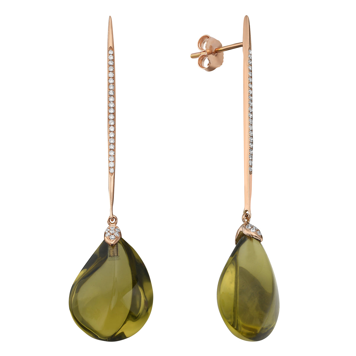 18K Rose Gold Olive Quartz Earrings, 18.99ct