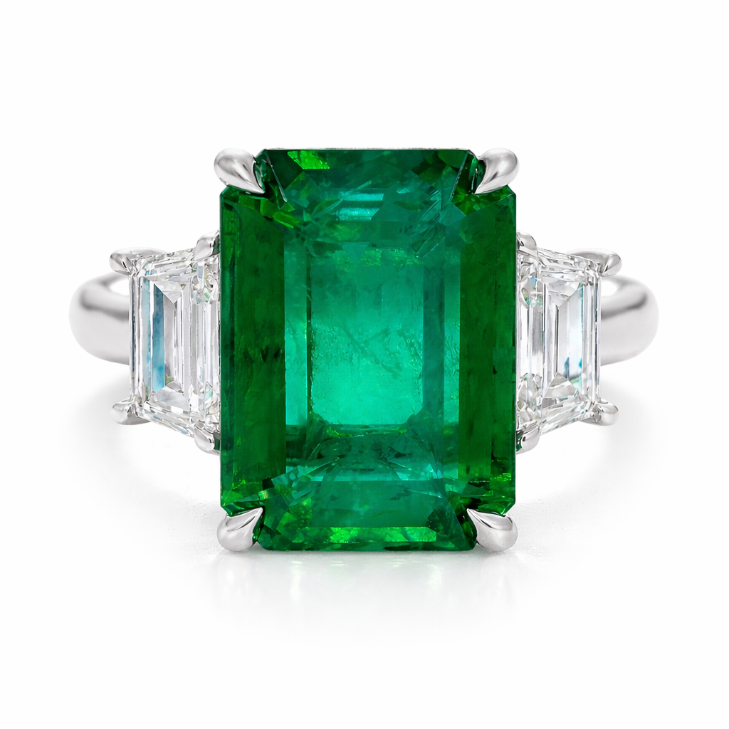 Handmade Platinum Green Emerald 3 Stone Ring, 7.71ct