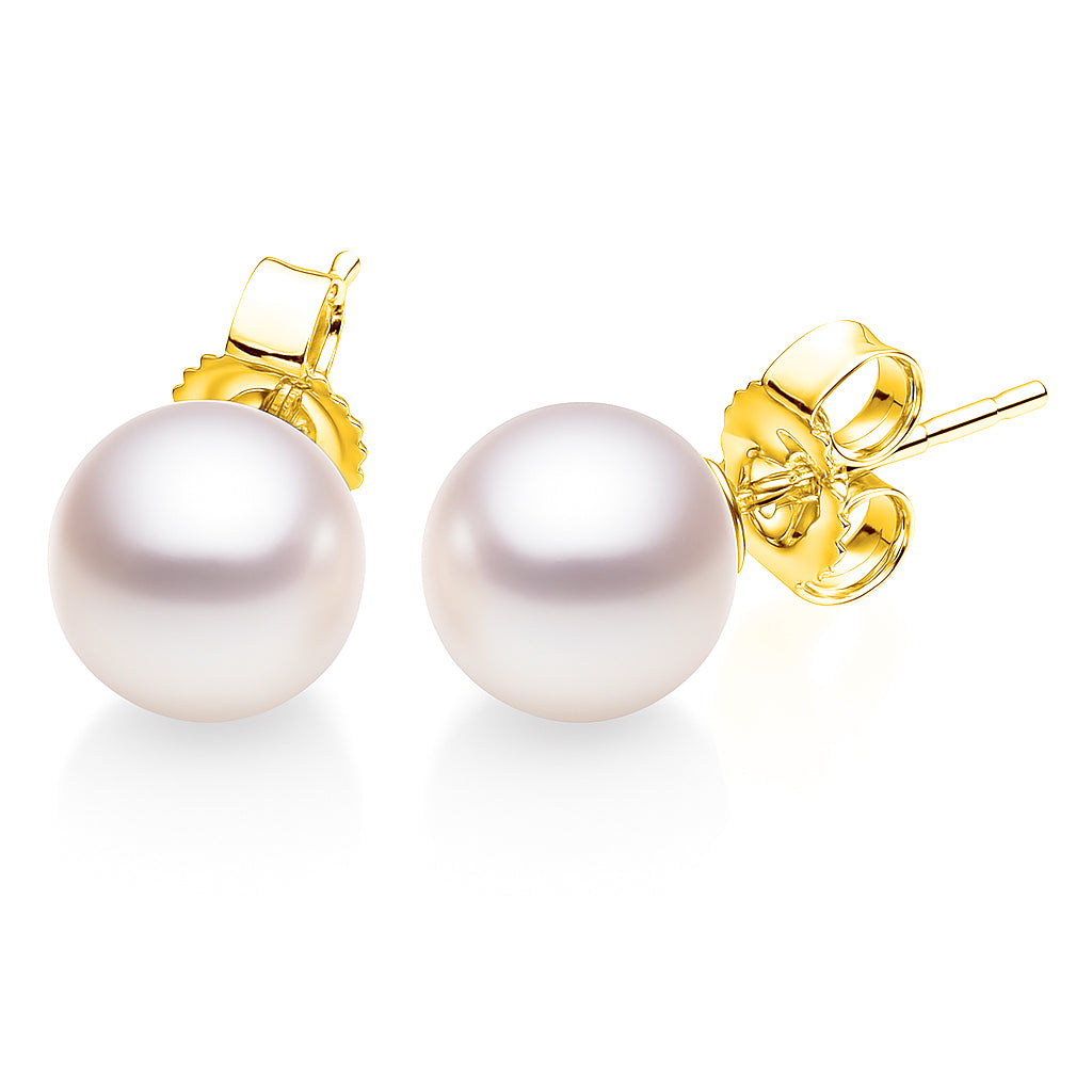 14K Yellow Gold Cultured Akoya Pearl Stud Earrings, 8.5-9.0mm