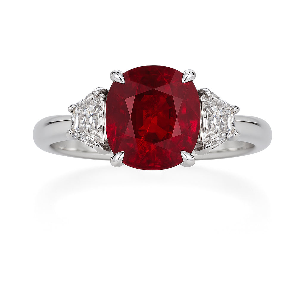 Handmade 18K White Gold Ruby Three-Stone Ring