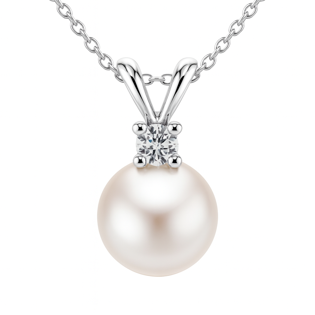 14K White Gold Akoya Pearl 7-8mm Diamond Rabbit Ear Pendant, 0.05ct