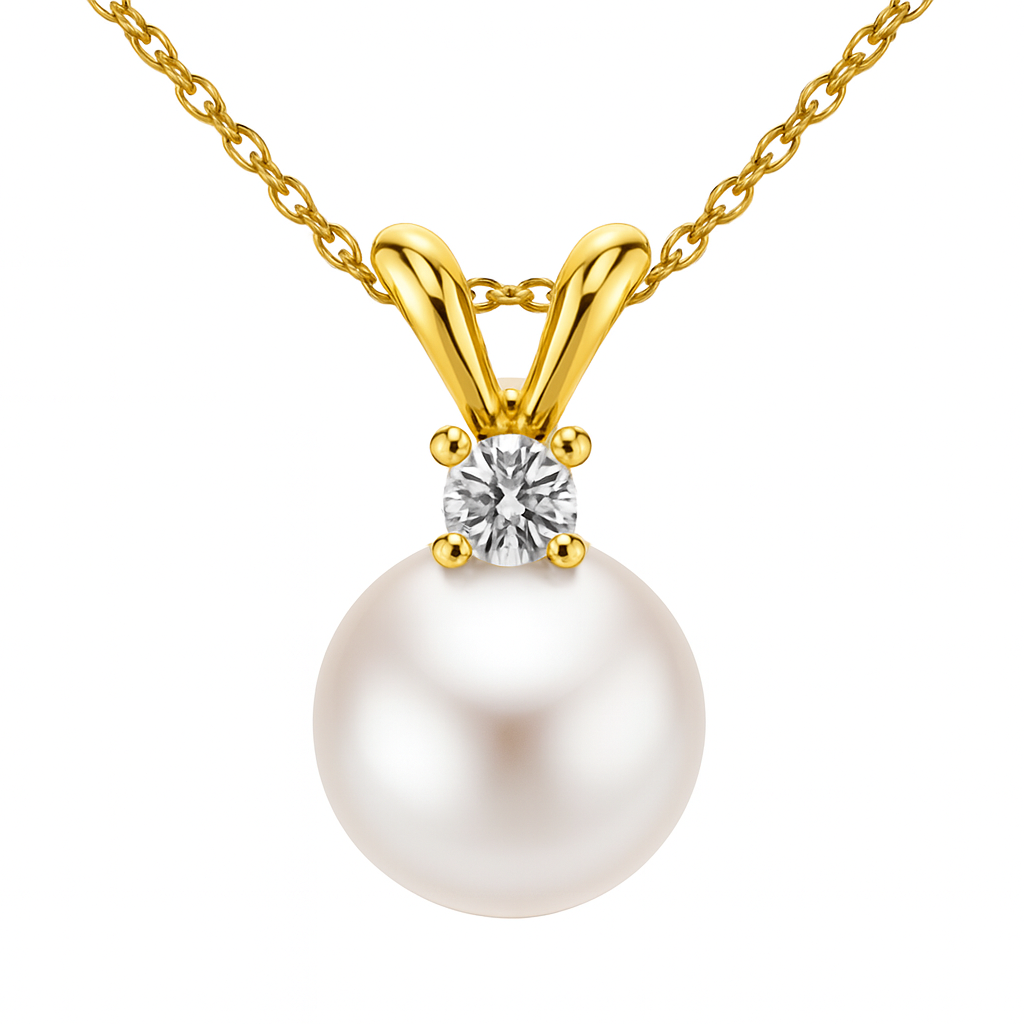 14K Yellow Gold Akoya Pearl 6-7mm Diamond Rabbit Ear Pendant, 0.05ct